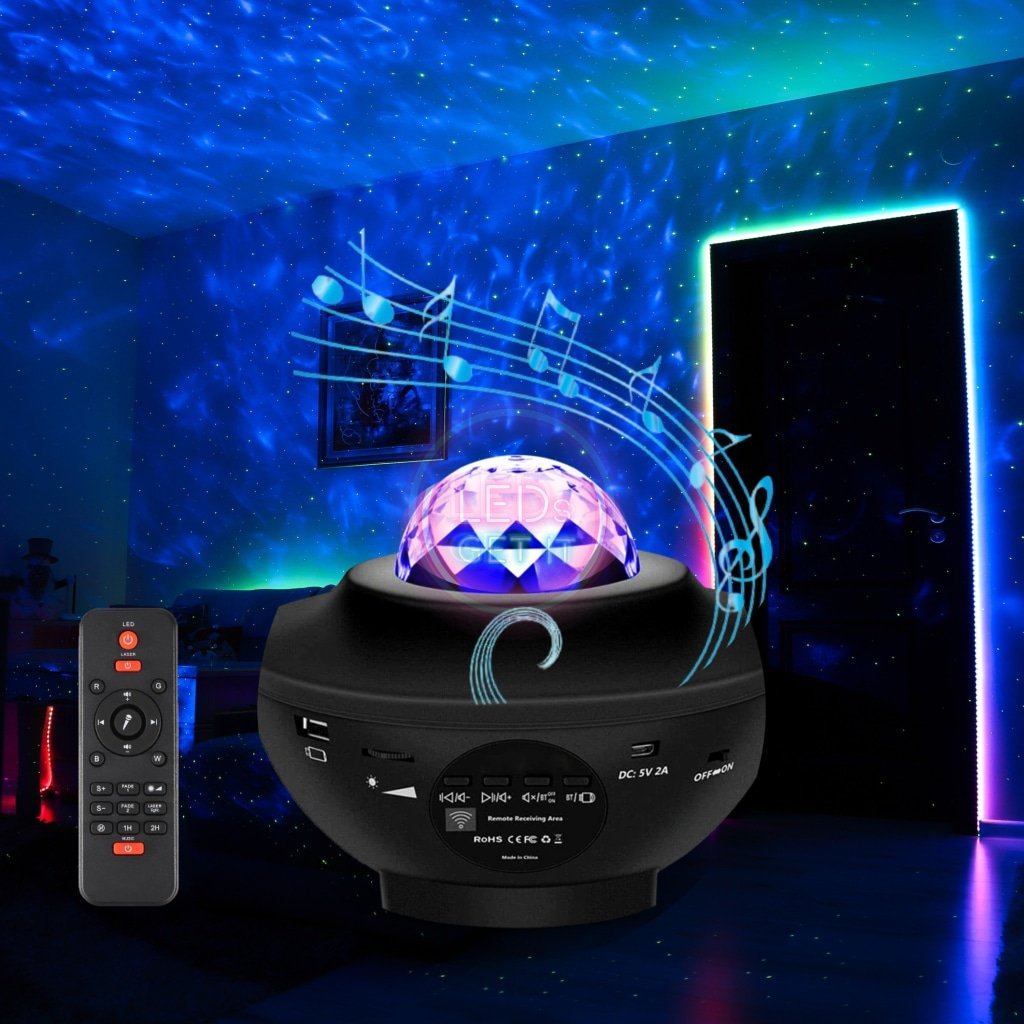 Galaxy Projector with remote control and night sky light in cosy room on ceiling